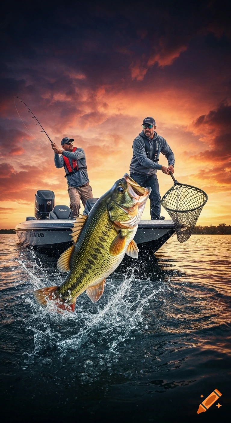 Two fishermen in a bass boat at sunset, one reeling in a large jumping bass, the other ready with a net. Photorealistic.