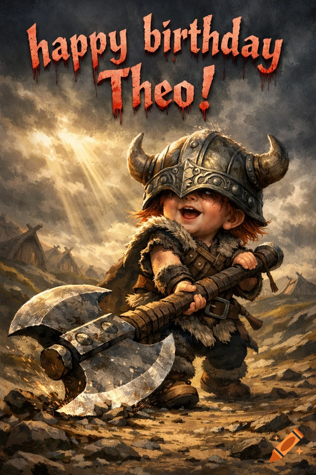 A smiling redheaded toddler in a horned Viking helmet and fur costume holds a large battleaxe, with 'happy birthday Theo!' above. Stylized art with dramatic lighting.