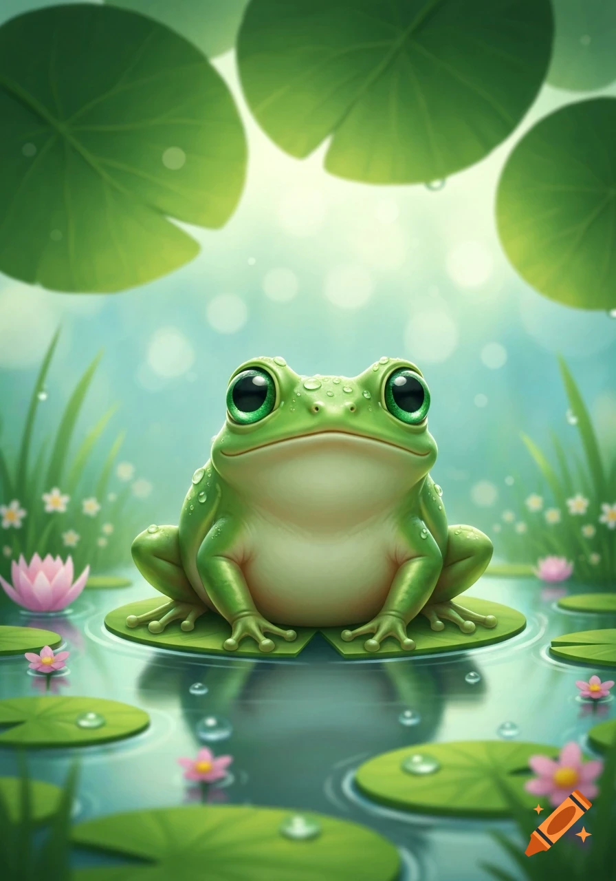 A whimsical, bright green cartoon frog with large eyes sits on a lily pad in a pond with pink flowers and water droplets.