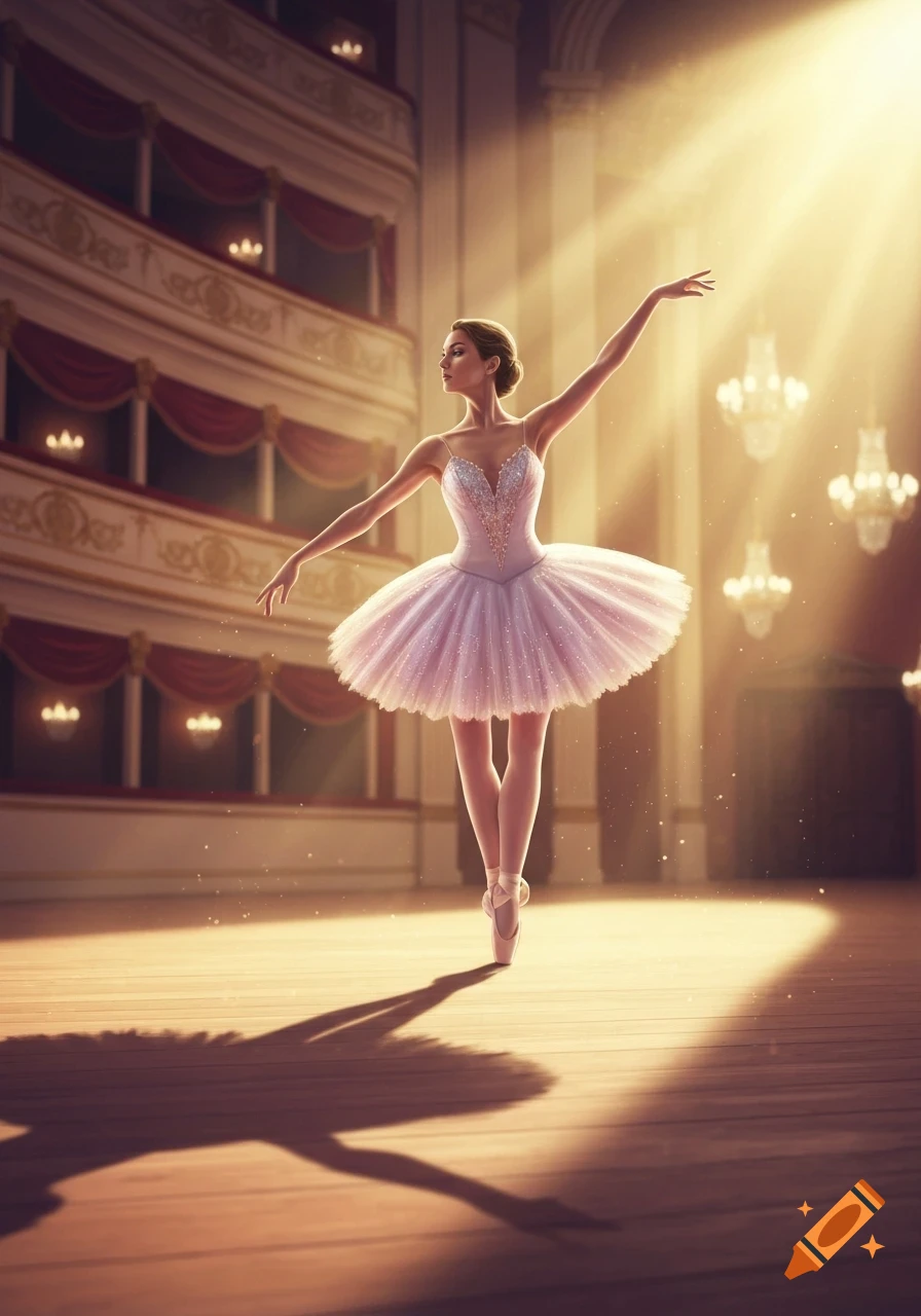A graceful ballerina in a pink tutu on a spotlight-lit stage, striking an elegant pose in a grand theater.