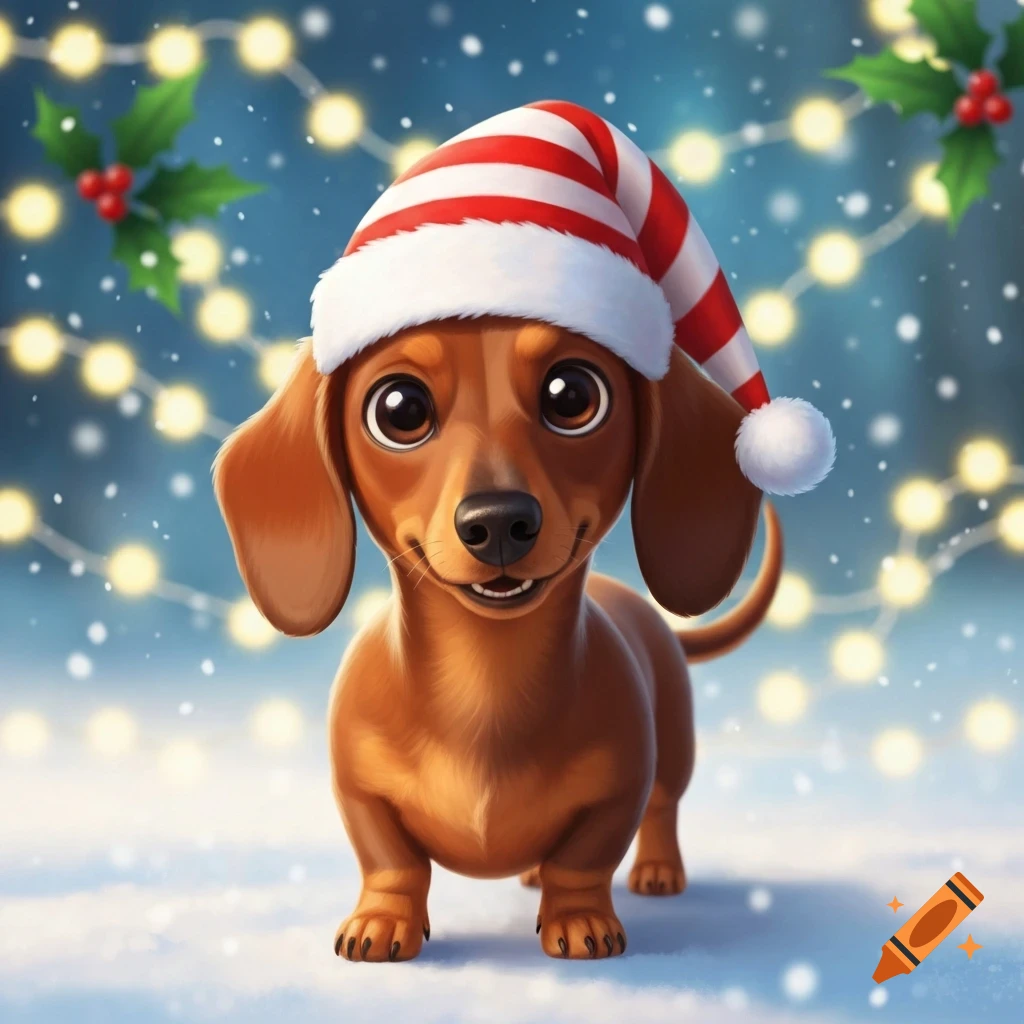A cute cartoon dachshund in a Santa hat stands in snow with blurry Christmas lights and holly in the background.