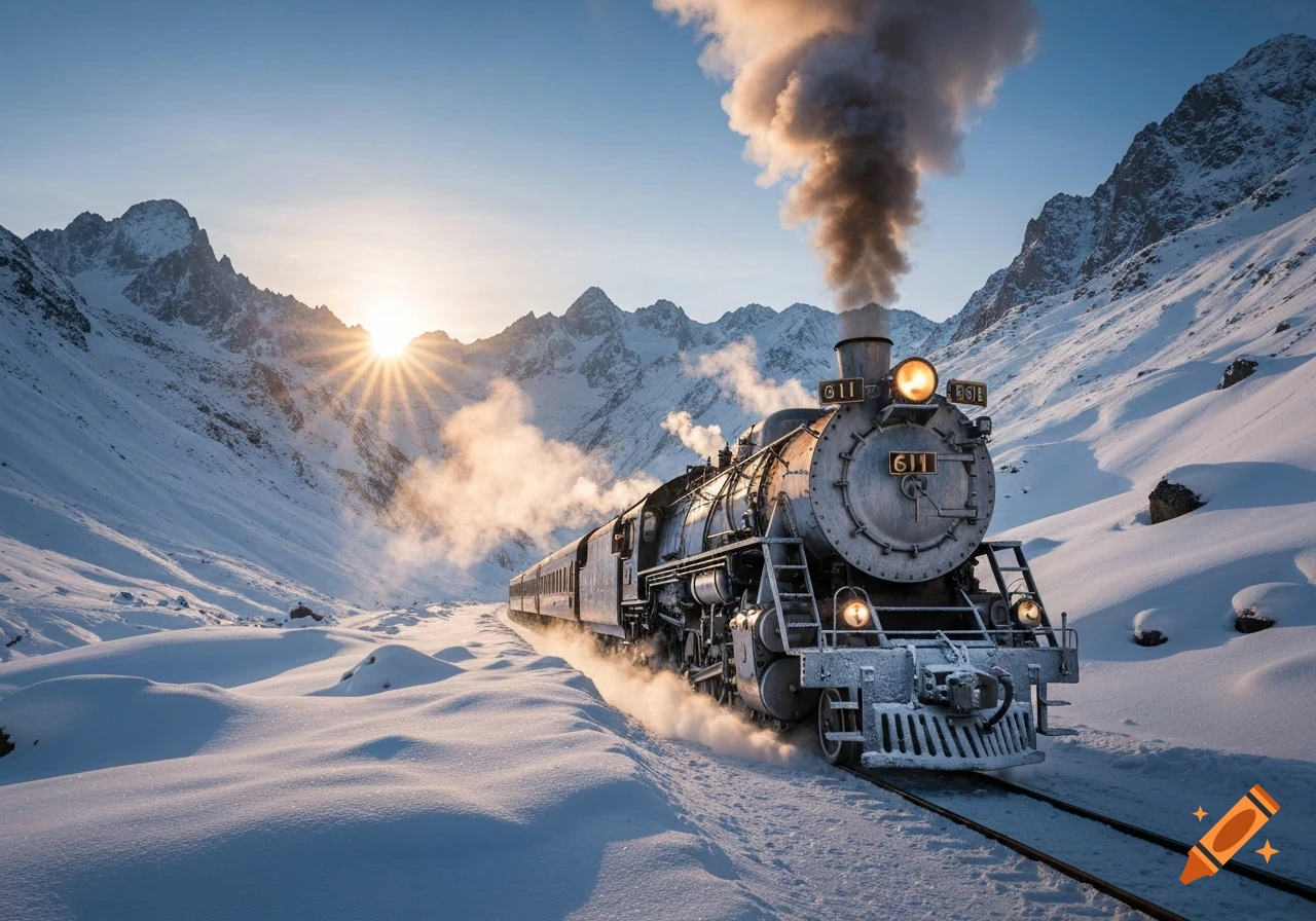 A vintage steam train with numbers '611' on the front travels through a snowy mountain landscape at sunrise, emitting thick smoke.