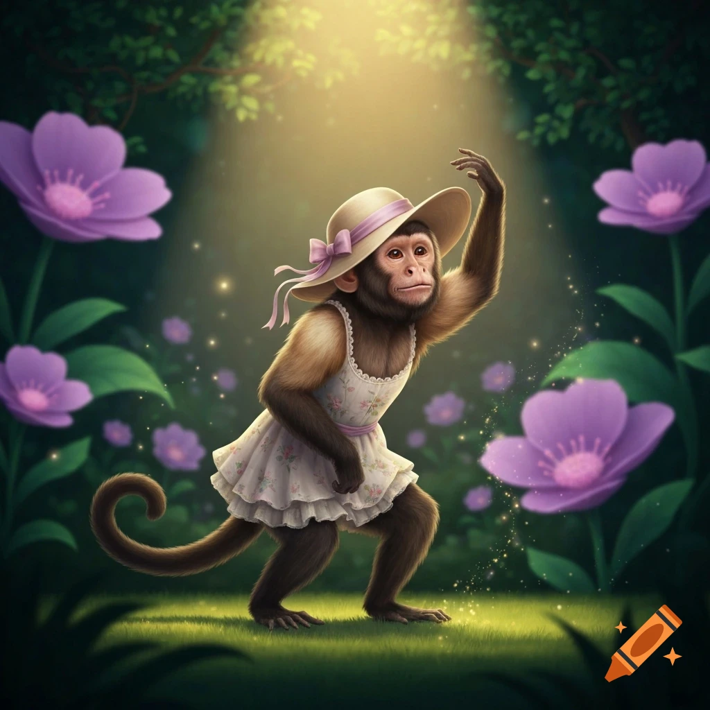 A whimsical monkey in a white dress and sun hat stands in a magical forest with purple flowers and glowing light.