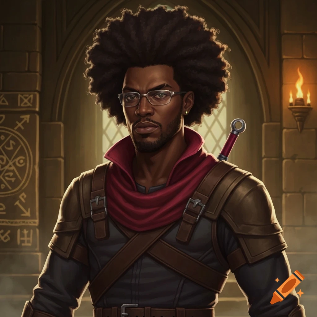 Dark-skinned male bloodhunter with afro hair and glasses, wearing armor and a red scarf, stands in a fantasy stone archway with a torchlit wall sconce.