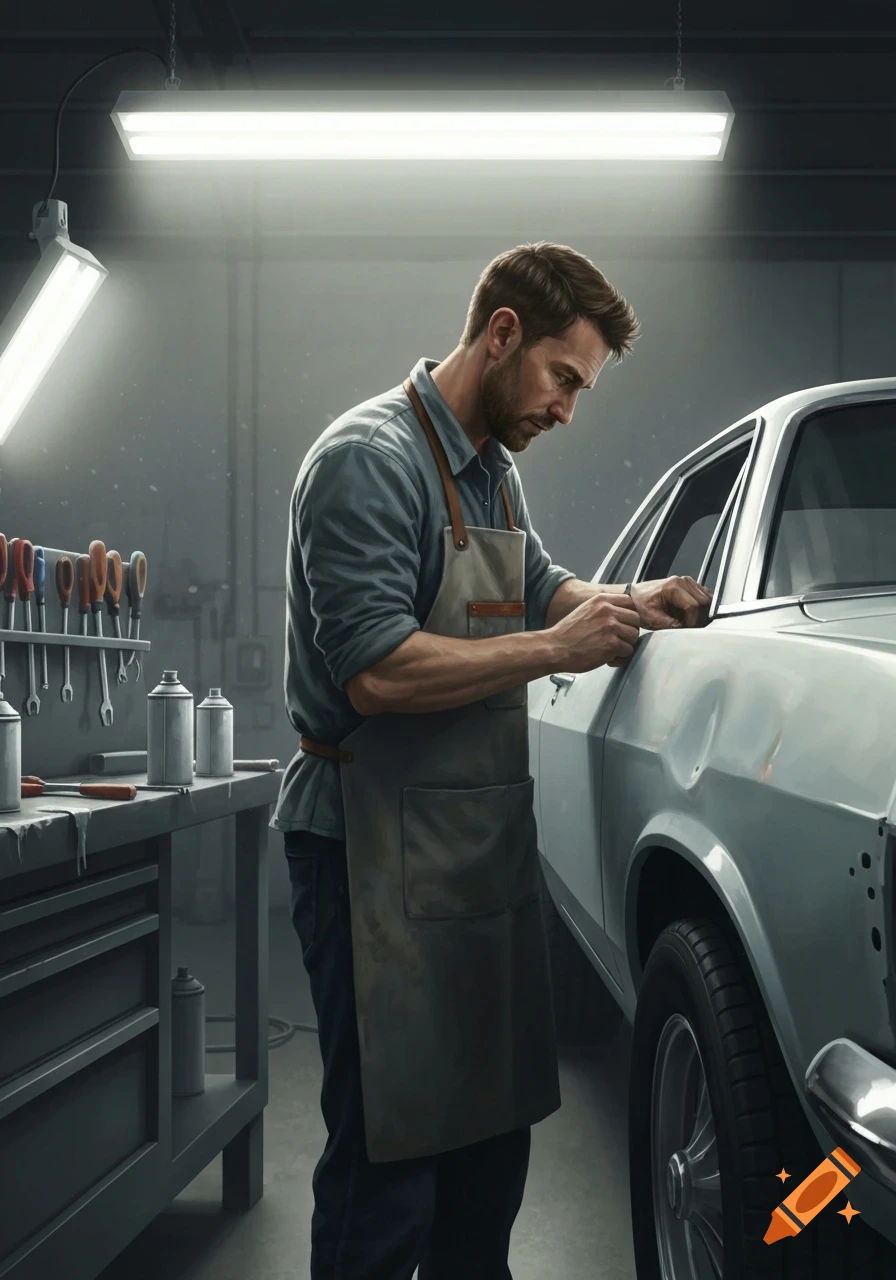 Photorealistic image of a man in an apron working on the side of a white car in a dimly lit garage.