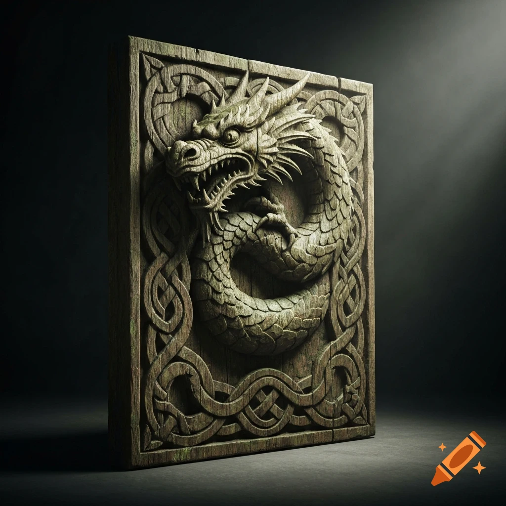 A detailed wooden relief carving of a coiled dragon with intricate Celtic knotwork borders, highlighted by a subtle spotlight.