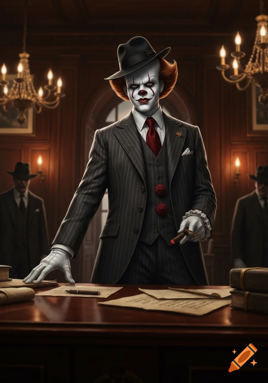 Pennywise the clown as a mafia capo in a pinstripe suit and fedora, holding a cigar, standing at a desk in a dark, opulent room.