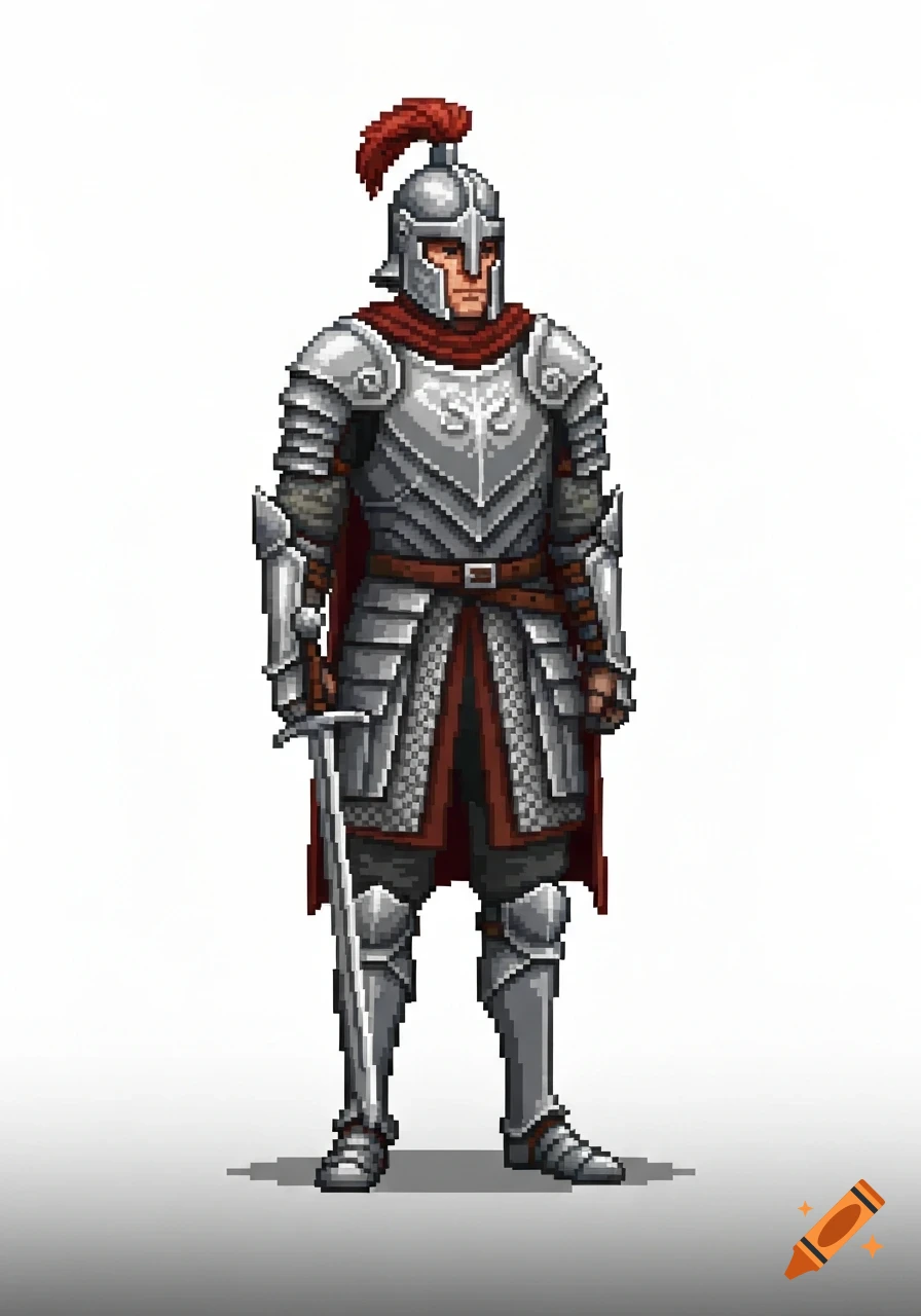 Pixel art of a fully armored soldier with a red plumed helmet and sword, standing on a white background.