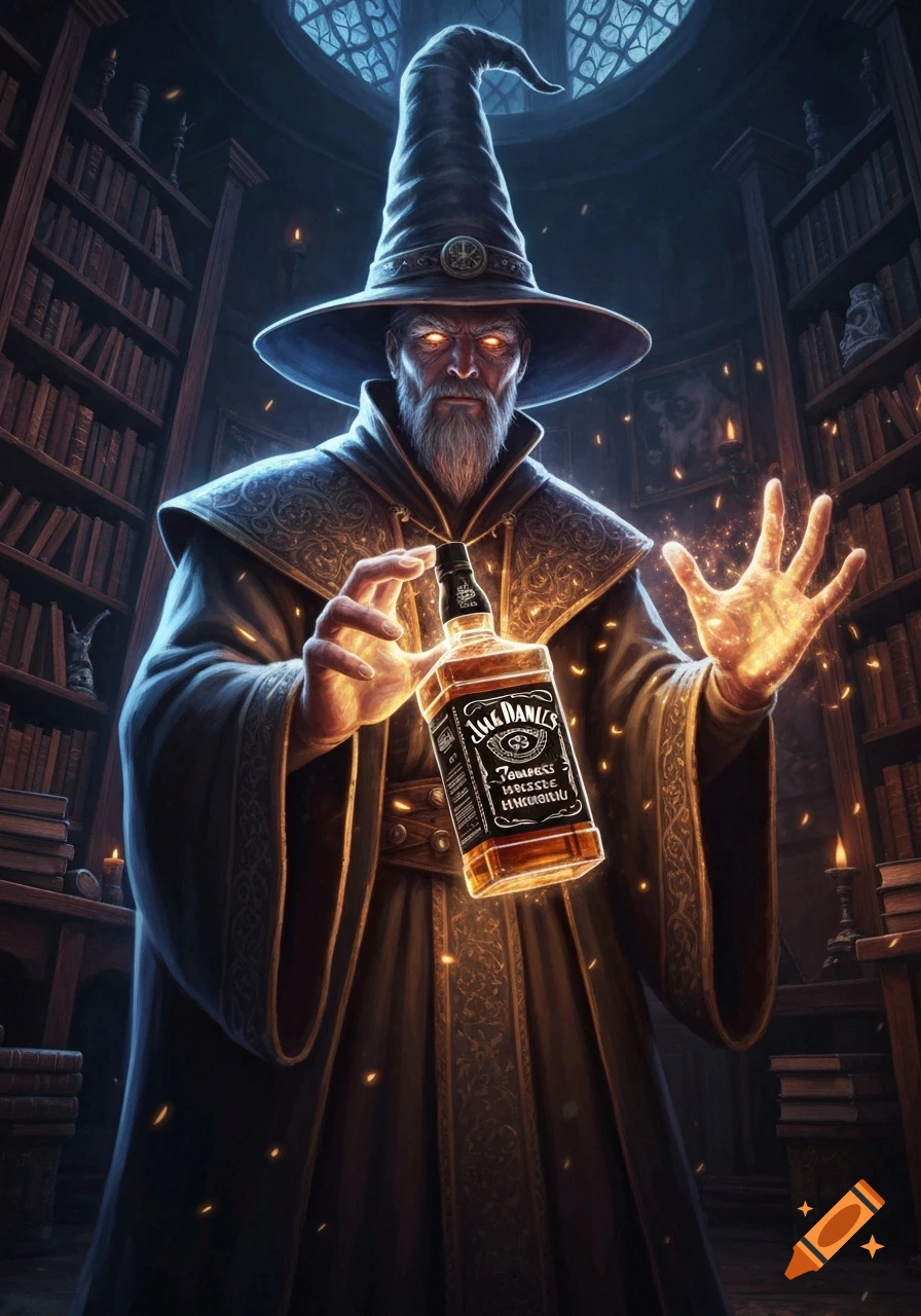 A wizard in a pointed hat and robe with glowing eyes and hands holds a glowing bottle of Jack Daniel's whiskey in a dark, magical library.