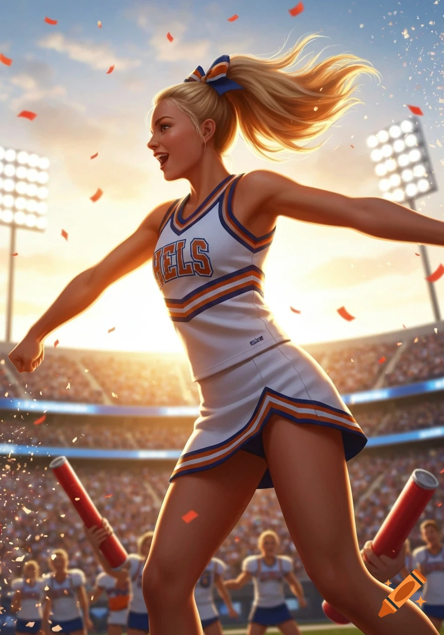 Photorealistic illustration of a blonde cheerleader in a white uniform, smiling and posing energetically in a stadium with confetti falling.