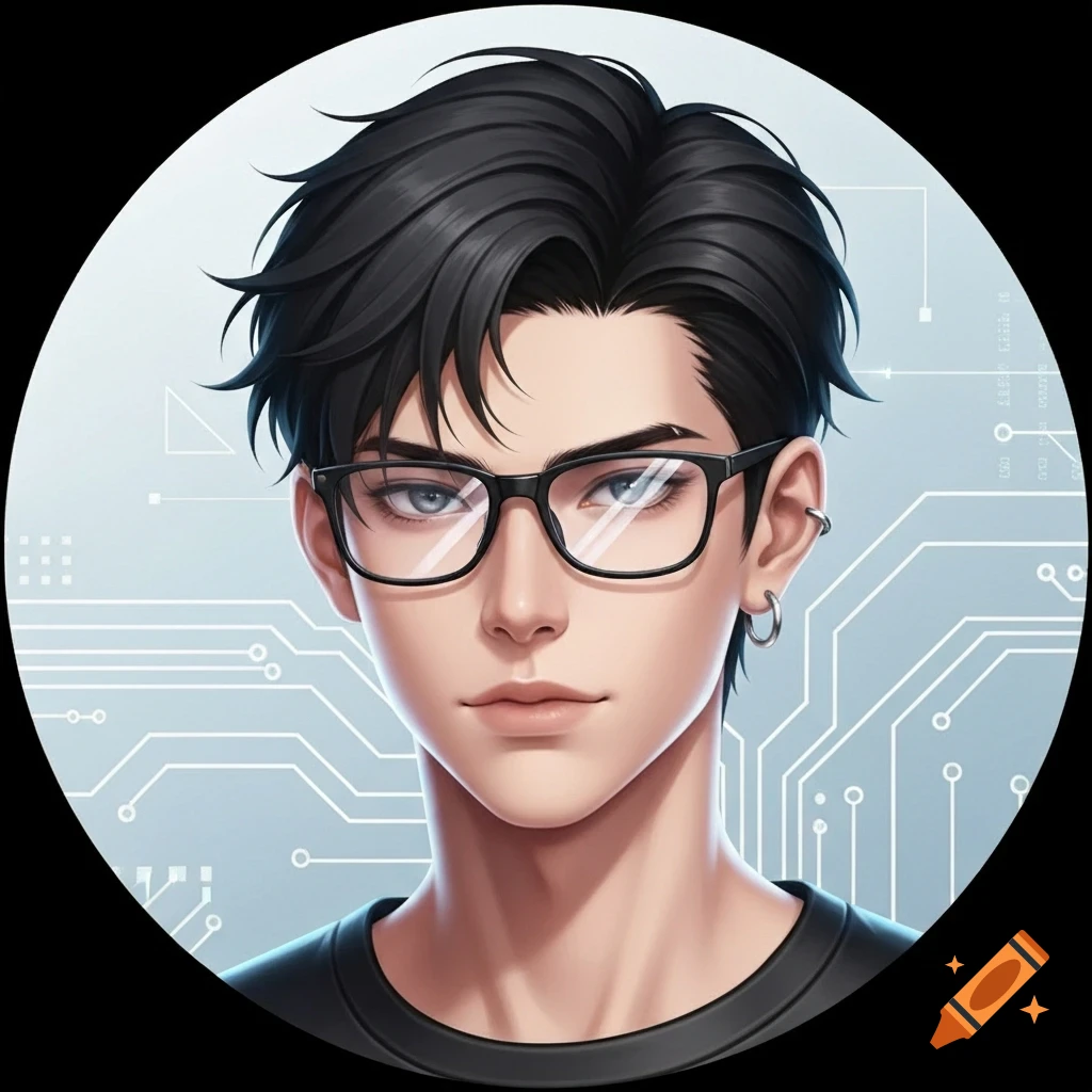 A stylized anime portrait of a young man with black hair, glasses, and an ear piercing, against a circuit board background.