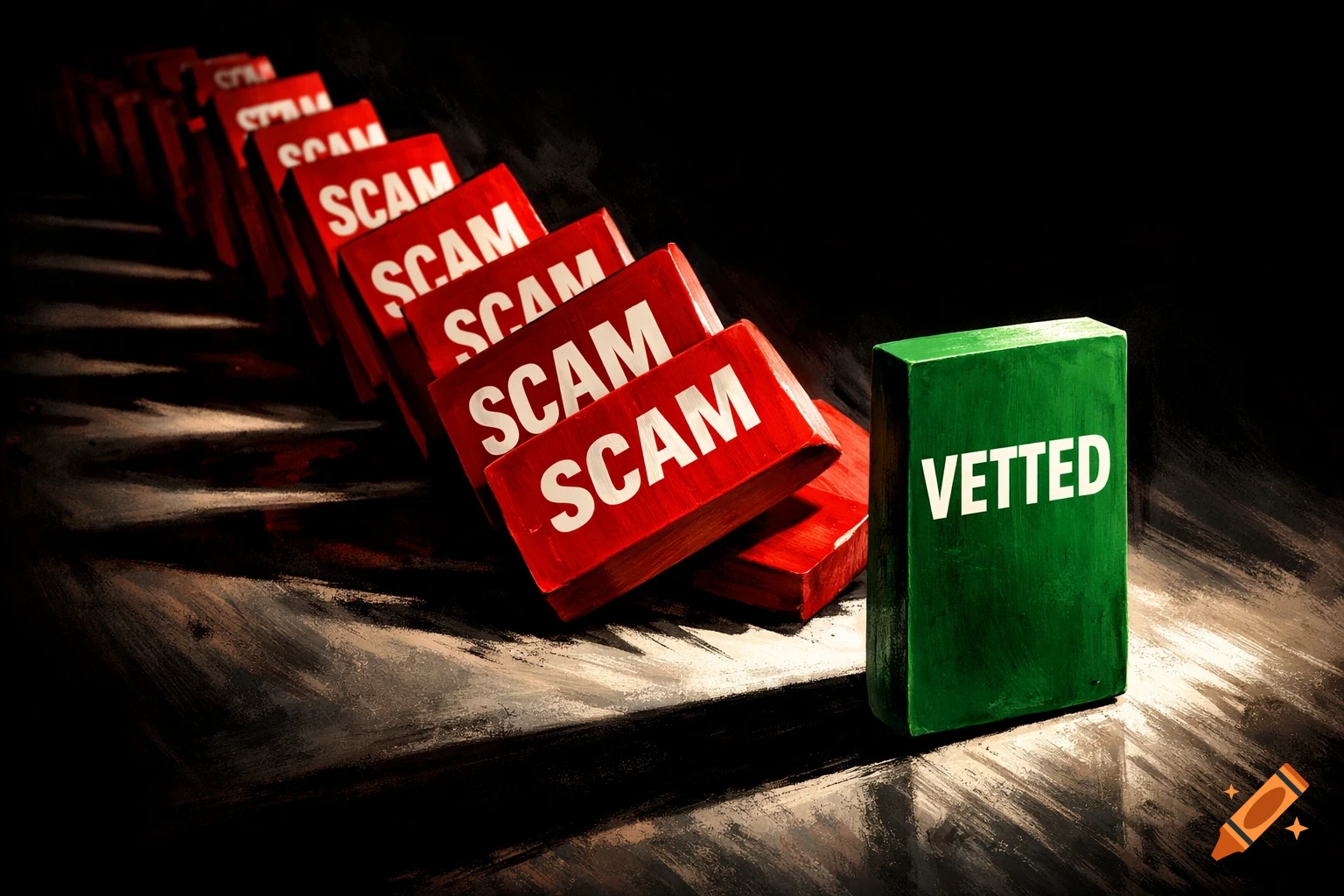 Red dominos labeled 'SCAM' falling towards a green domino labeled 'VETTED' on a dark, textured surface, lit dramatically from the side.