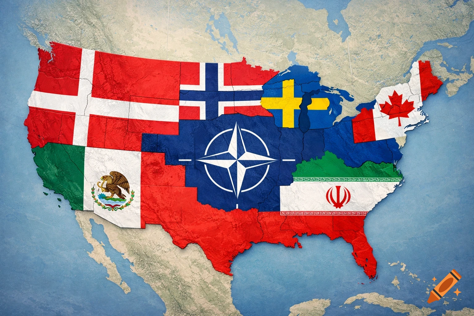 Map of the USA featuring flags of Denmark, Norway, Sweden, Iran, Mexico, Canada, and the NATO logo on its landmass.