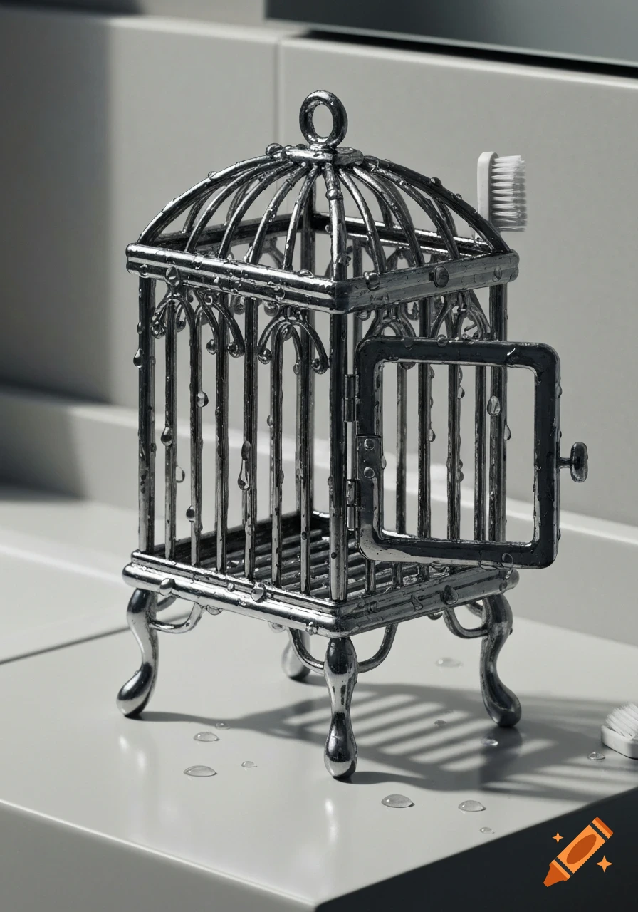 Photorealistic, monochrome image of an ornate metal birdcage with an open door, covered in water droplets. A toothbrush rests on top on a gray counter.