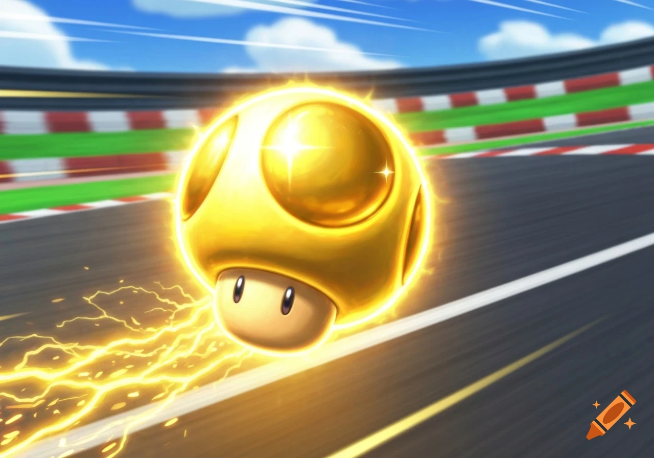 A glowing golden dash mushroom from Mario Kart racing on a track, leaving a trail of lightning.