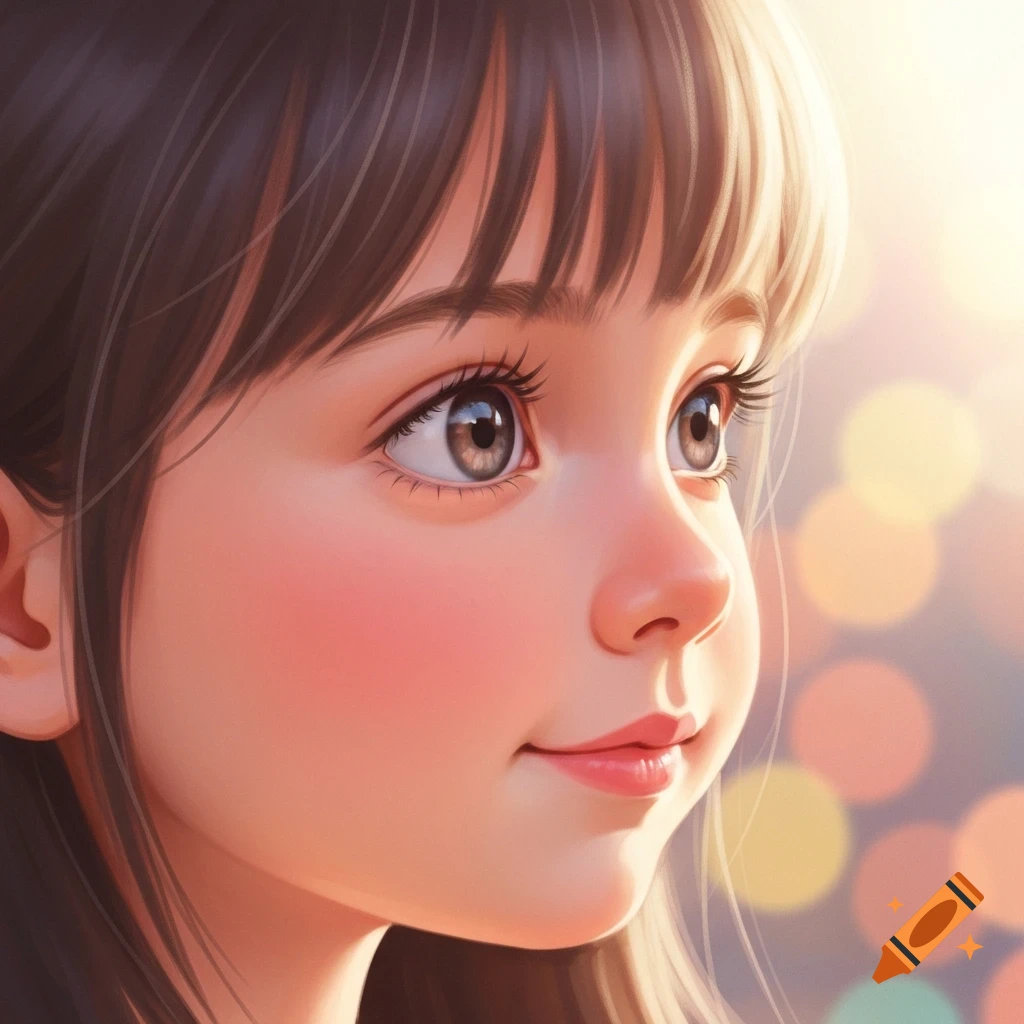 Close-up profile of a cute animated girl with large brown eyes and rosy cheeks, looking right into warm bokeh lights.