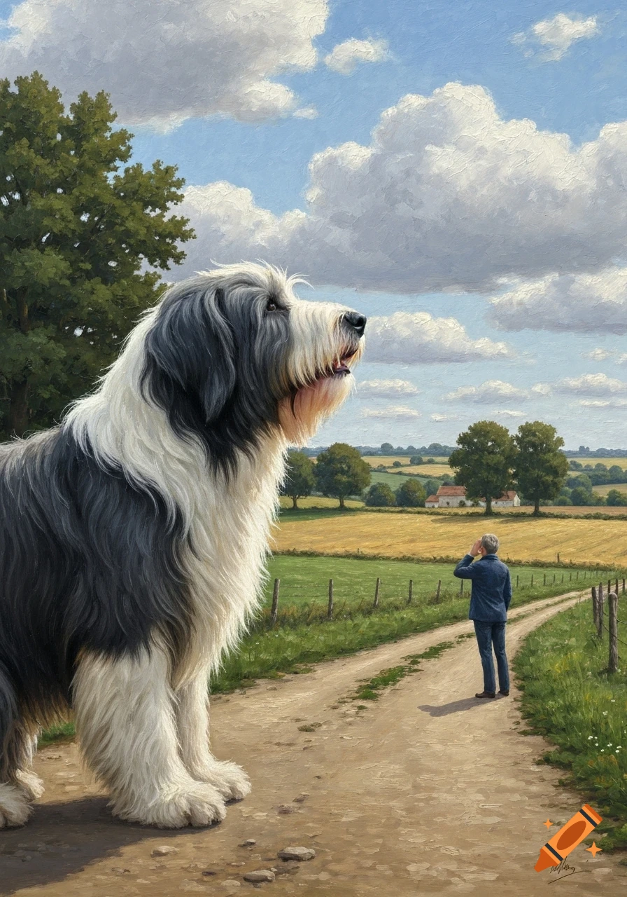 A massive bearded collie dog stands on a country path, looking up, while a small man listens from afar in an oil painting.
