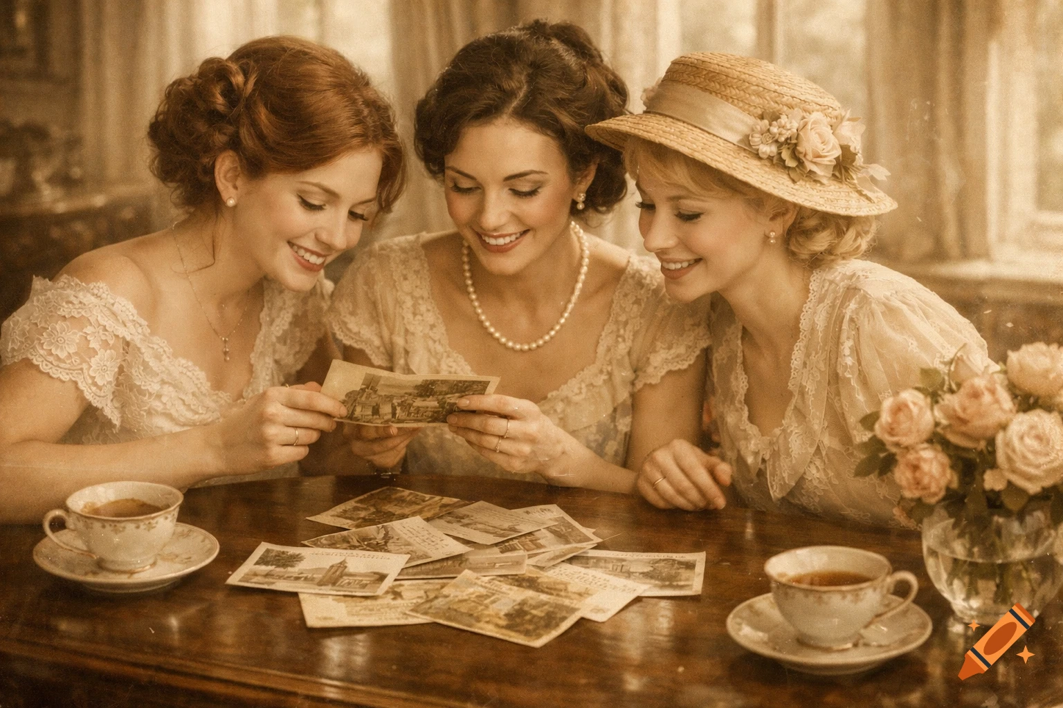 Three smiling women in vintage dresses gather around a table, looking at old postcards and drinking tea, sepia-toned.