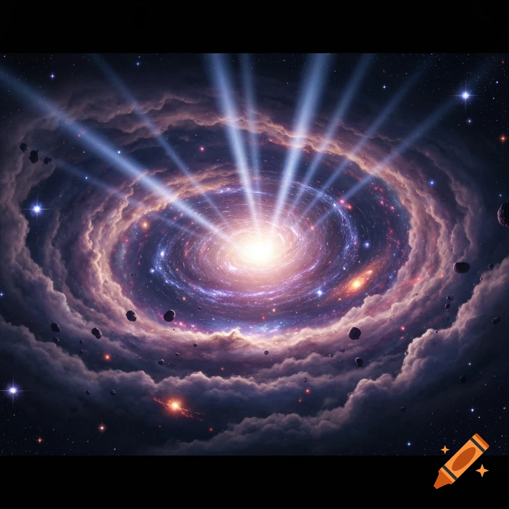 A vibrant spiral galaxy with a bright core, surrounded by swirling cosmic clouds, radiating light beams, and floating asteroids in deep space.