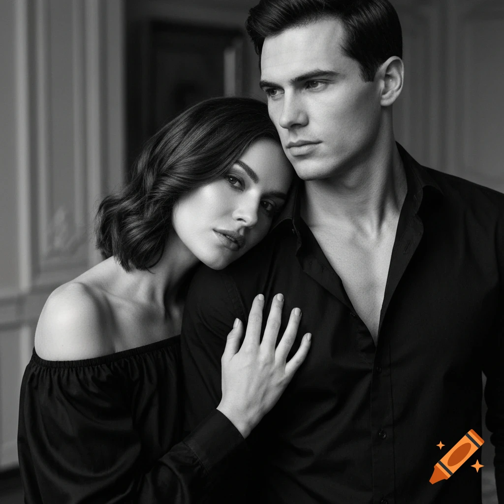 Sharp black and white photo of a stylish couple. A woman with wavy hair rests her head on a man's shoulder. Both wear black.