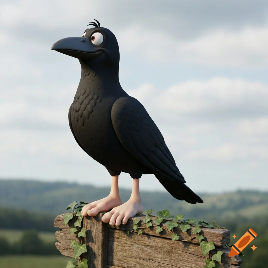 A 3D rendered cartoon black crow with realistic human feet stands on a wooden post with ivy against a cloudy sky and hills.