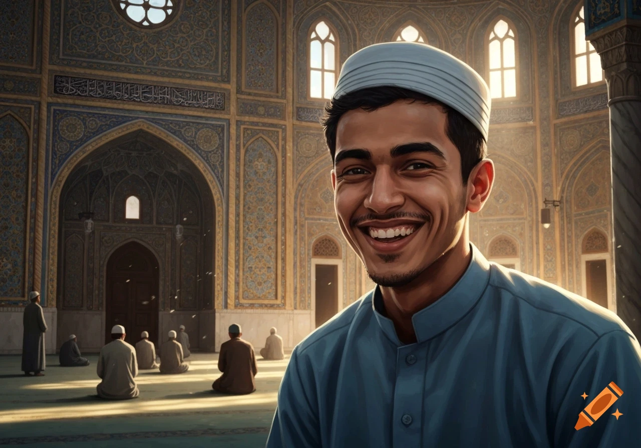 A smiling Muslim man wearing a light blue kufi and shirt looks at the camera in a mosque with intricate patterns and people praying in the background.