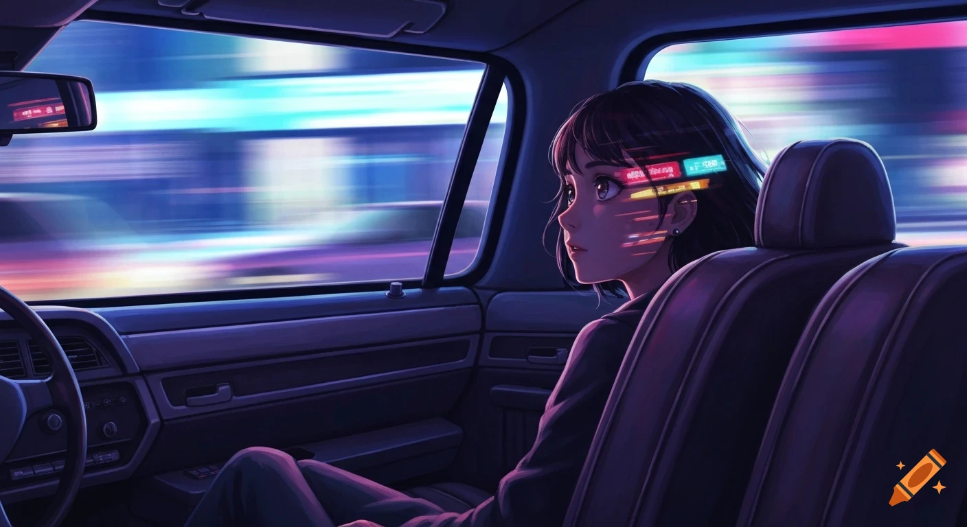 Anime girl in a car at night, looking out the window as blurred city lights reflect on her face, in a cyberpunk style.