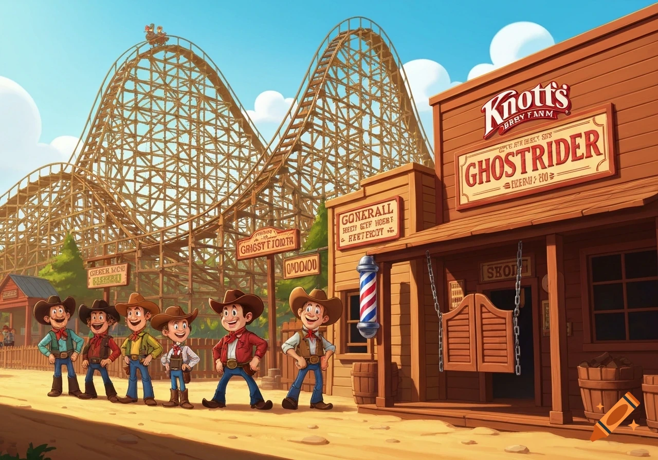 Cartoon scene of cowboys in front of a wooden roller coaster and a Western building with "Knott's BERRY FARM" sign.
