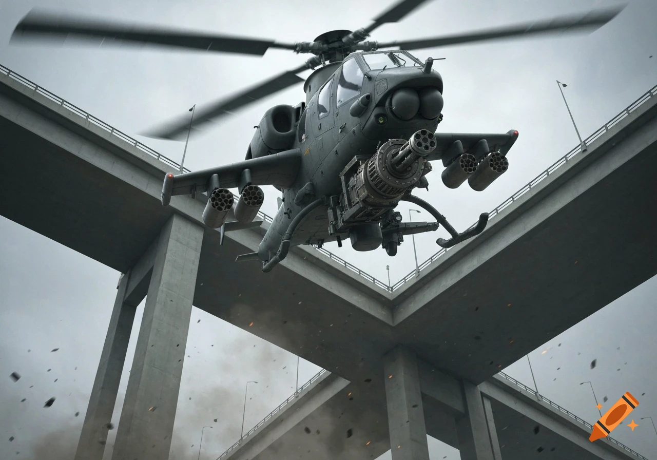A military attack helicopter with a minigun and missiles flies under a ...