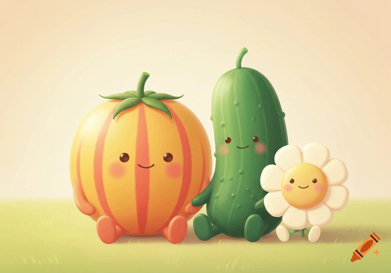 A cute children's illustration of an anthropomorphic striped tomato, cucumber, and daisy flower sitting together on grass.