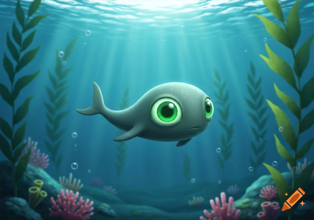 A cute, gray, cartoon sea creature with large glowing green eyes swims in a sunlit underwater scene with kelp and coral.