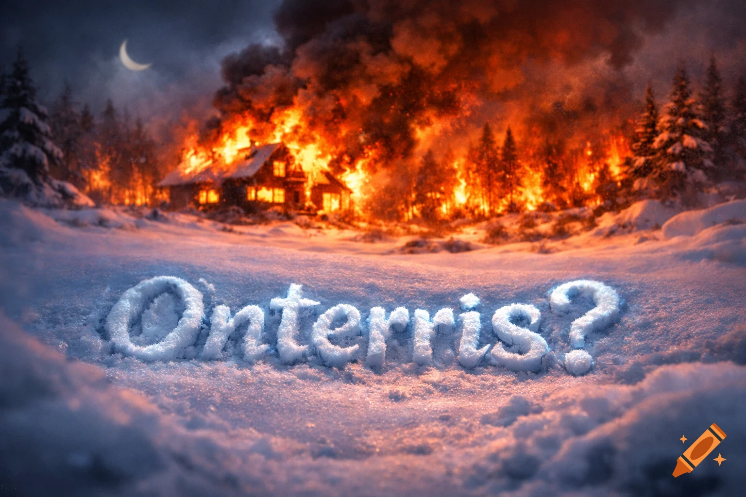 A snowy night landscape with a crescent moon. A house and forest blaze with fire and smoke in the background. 'Onterris?' glows in the snow.