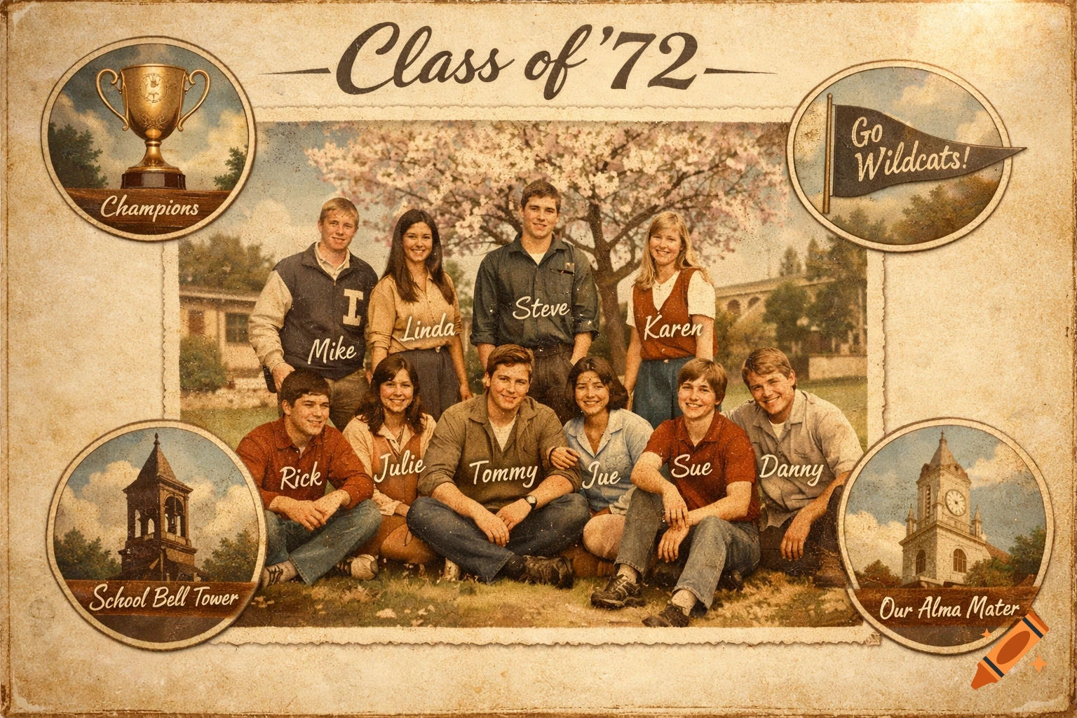 Vintage yearbook page with a group portrait of smiling students and circular insets depicting a trophy, a flag, and school bell towers.