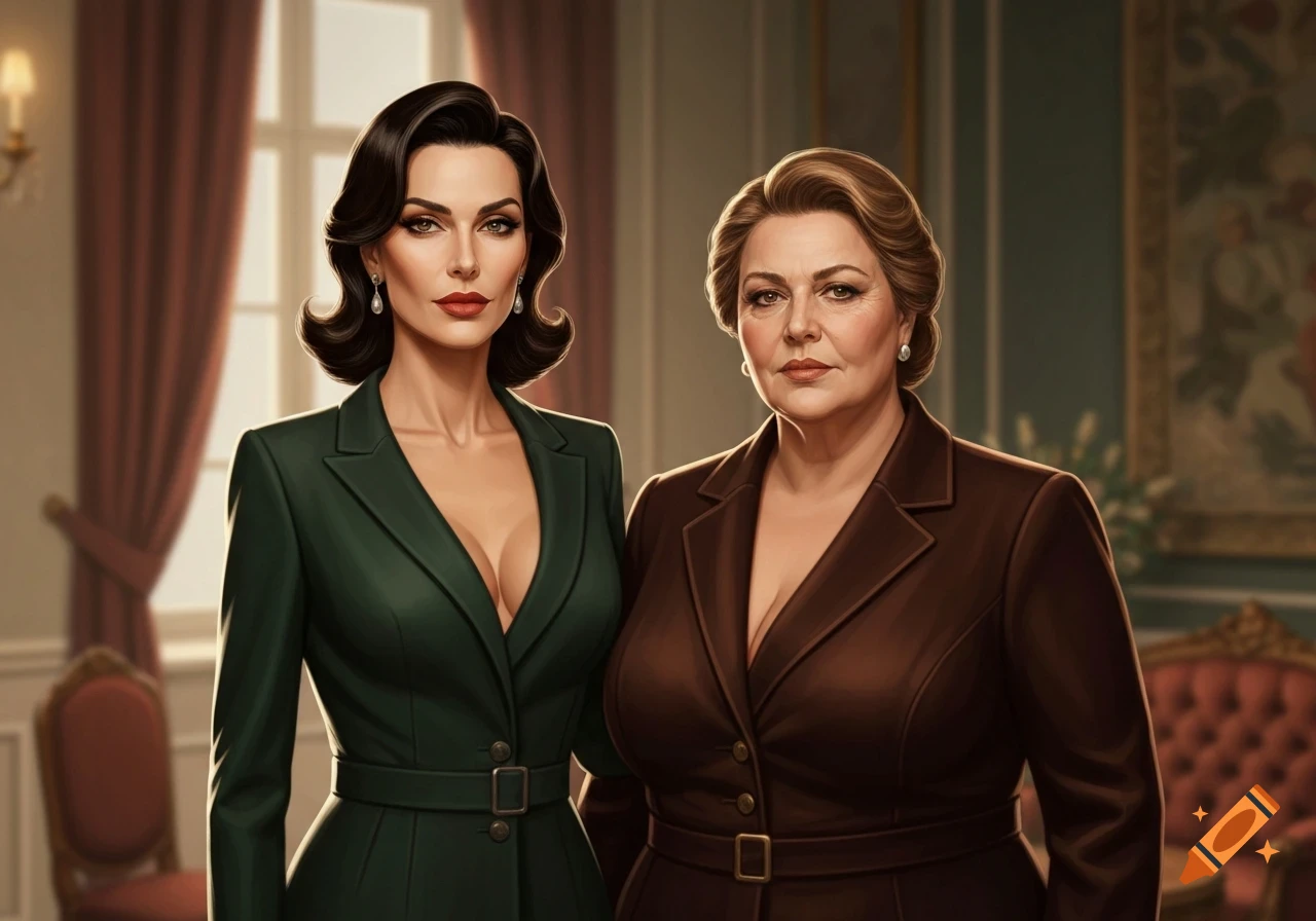 Two women, one younger with dark hair and a green suit, one older with brown hair and a brown suit, stand in an elegant room.