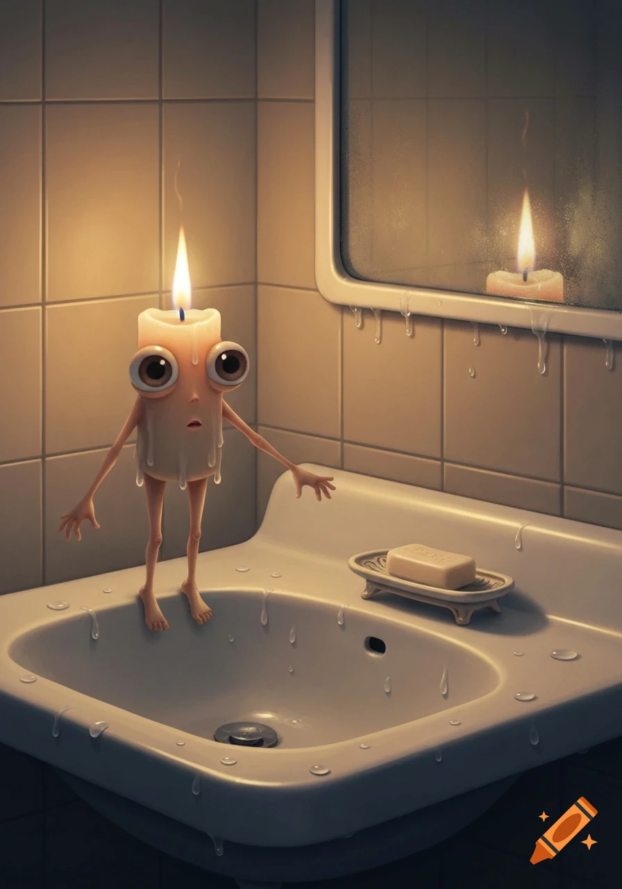 An anthropomorphic melting candle with googly eyes stands in a bathroom sink with water droplets.
