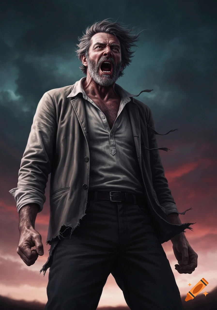 A grizzled man with grey hair and beard screams with intense emotion, mouth open wide, against a stormy, dramatic sky.