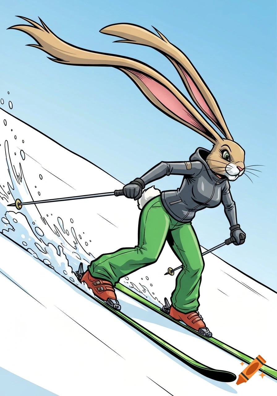 A cartoon rabbit with long ears skis downhill in a telemark stance, wearing a gray jacket and green pants, with snow spraying.