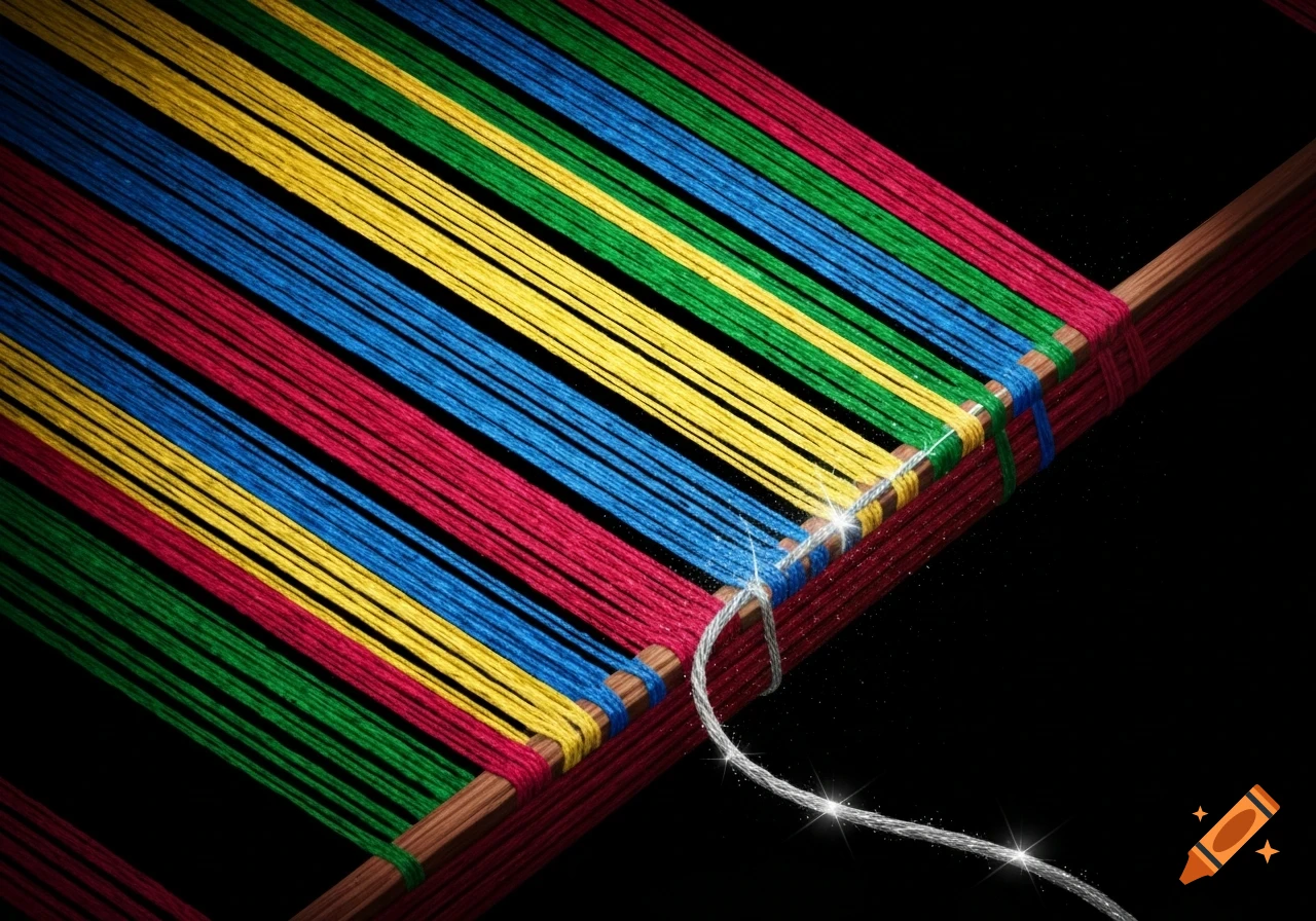 Close-up of colorful red, blue, yellow, and green threads on a loom, with a shimmering silver thread being woven.