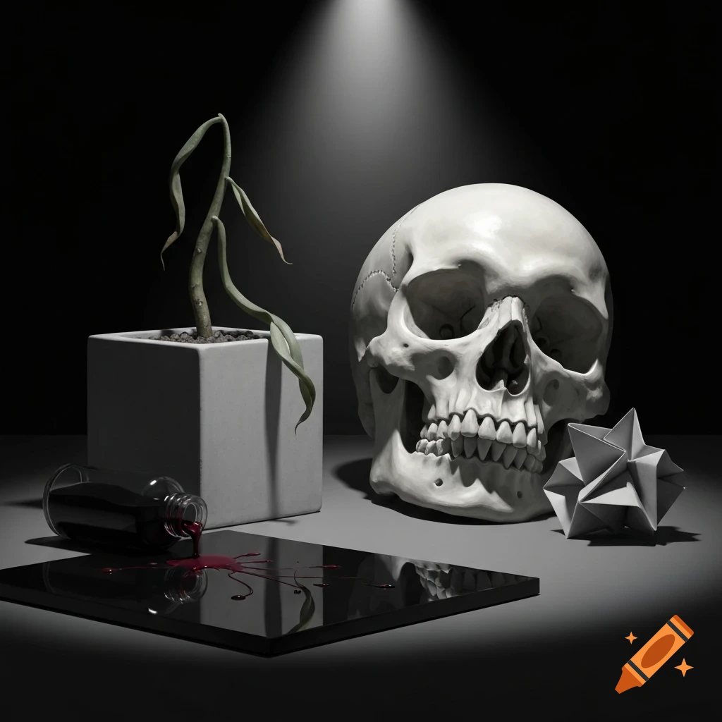 A dramatic still life with a human skull, wilting plant, spilled red liquid, and origami sculpture under a spotlight.