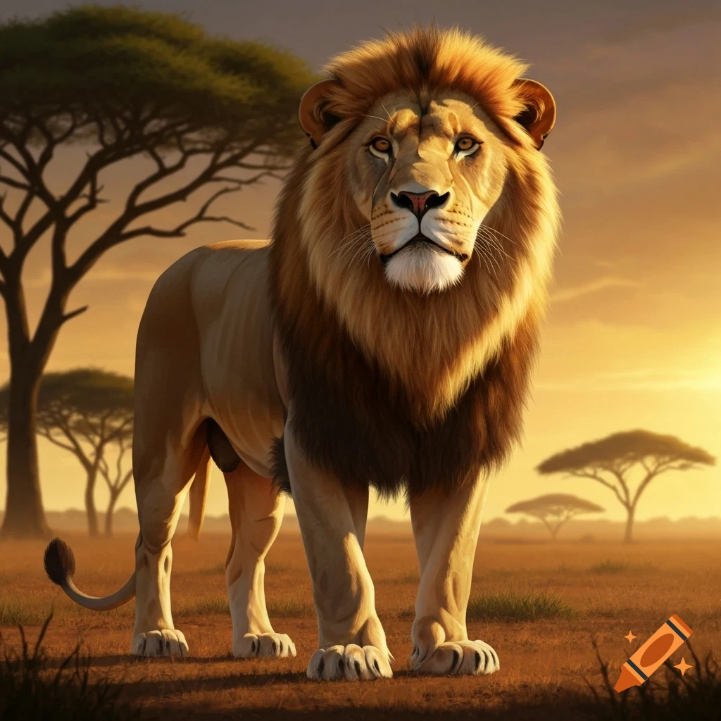 A majestic male lion with a full mane stands in a golden savanna landscape at sunset with acacia trees.