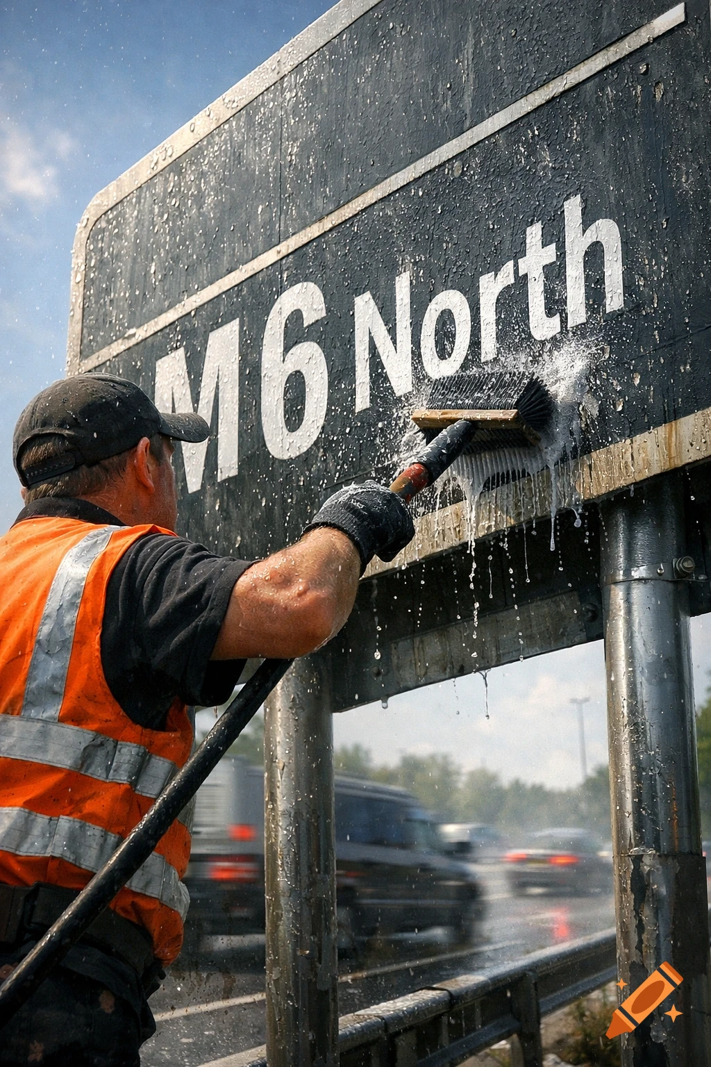 A worker in an orange high-visibility vest cleans a large grey motorway sign that reads "M6 North" with a brush and water, with cars blurred in the background.