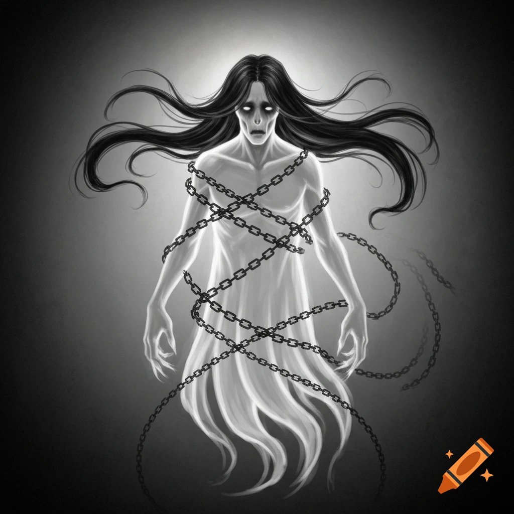 Black and white drawing of a spectral ghost figure with long dark hair, wrapped in chains, glowing against a dark background.