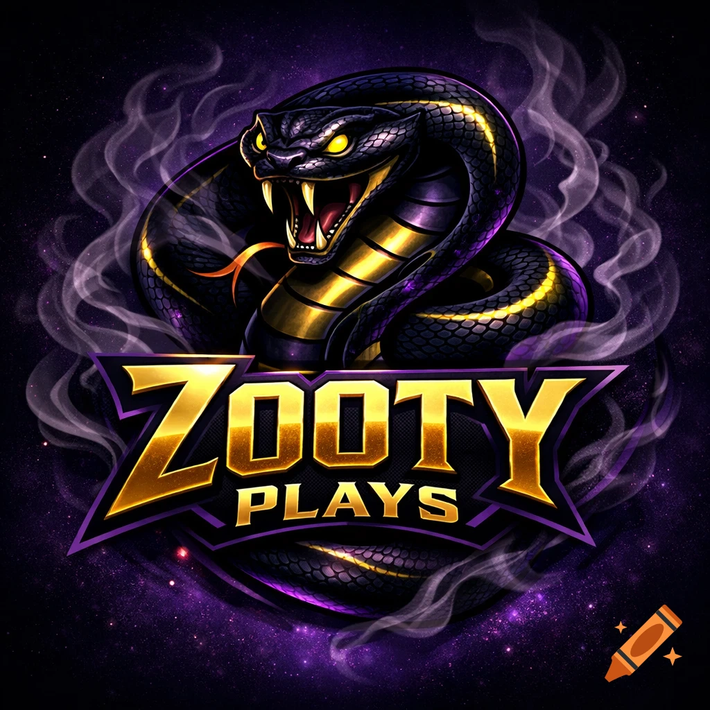 A black, purple, and gold logo featuring a coiled cobra with fangs, surrounded by purple smoke, with the text 'ZOOTY PLAYS'.
