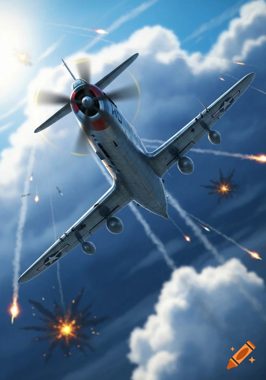 A gray F-47 fighter jet with a red nose flies in an aerial battle, surrounded by explosions and tracer fire in a cloudy blue sky.
