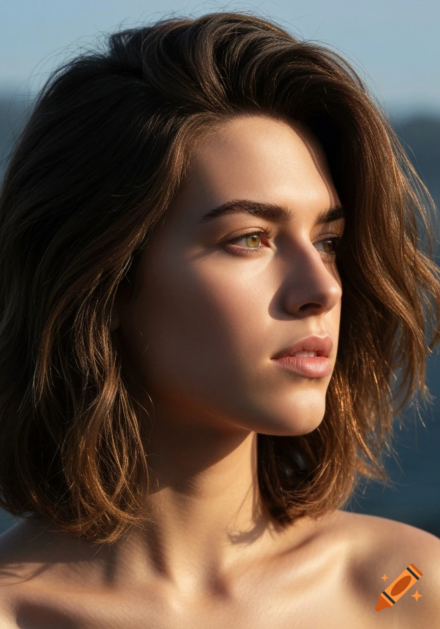 Close-up profile of a woman with short brown wavy hair and green eyes, illuminated by frontal side sunlight, casting shadows on her face.