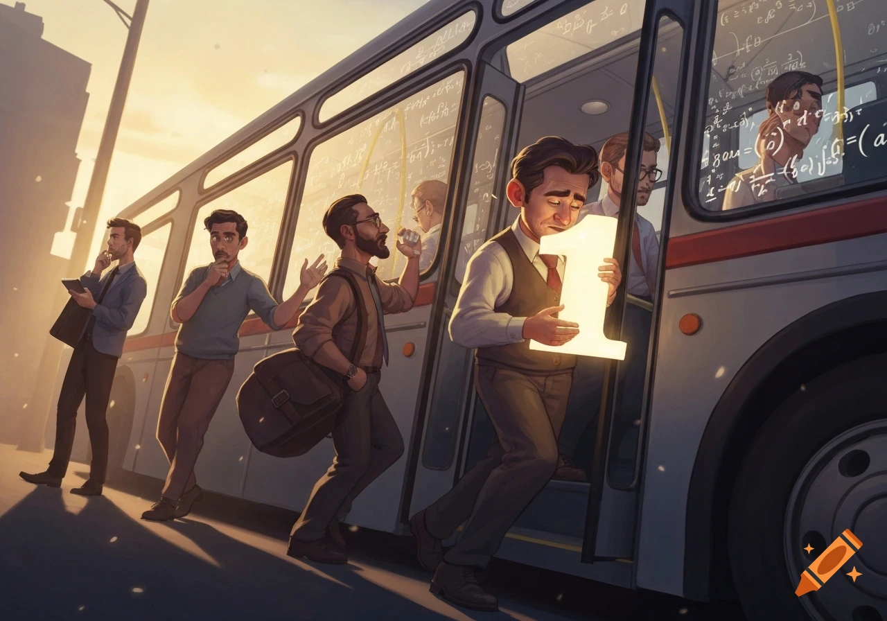 Illustrative depiction of men, some appearing as mathematicians, boarding a bus with garbled mathematical formulas on the windows; one man carries a glowing number '1'.