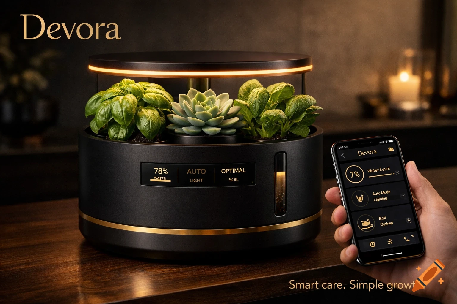 Photorealistic ad of a black and gold Devora smart indoor garden with basil, succulent, spinach, and a hand holding its app.