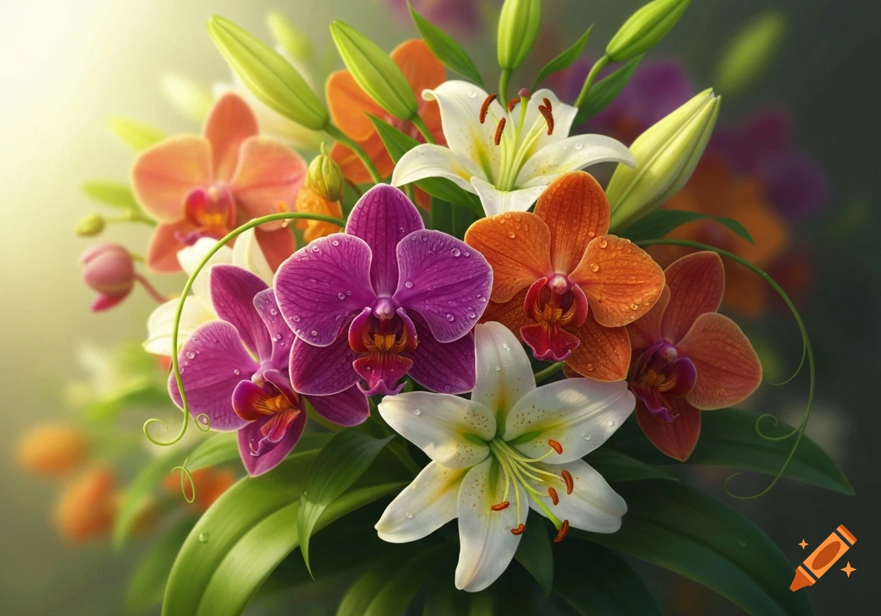 A vibrant bouquet of purple and orange orchids and white lilies covered in water droplets, with green leaves and buds.