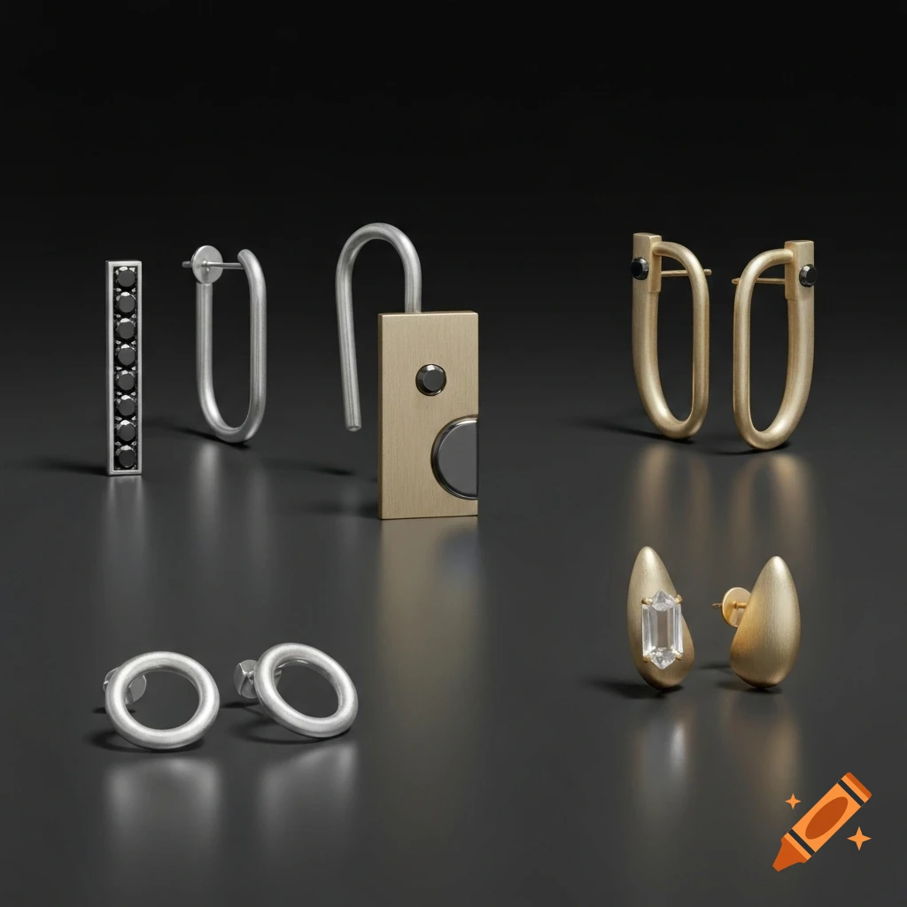 Collection of modern silver and gold earrings with varying geometric shapes and stone accents on a dark background.