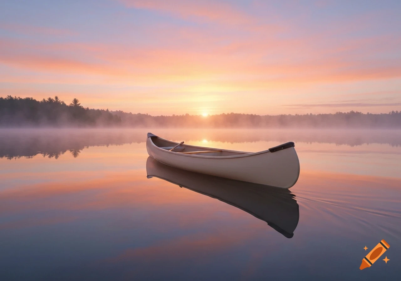 A cream-colored canoe floats on a still lake at sunrise, reflecting the colorful sky and distant misty trees.